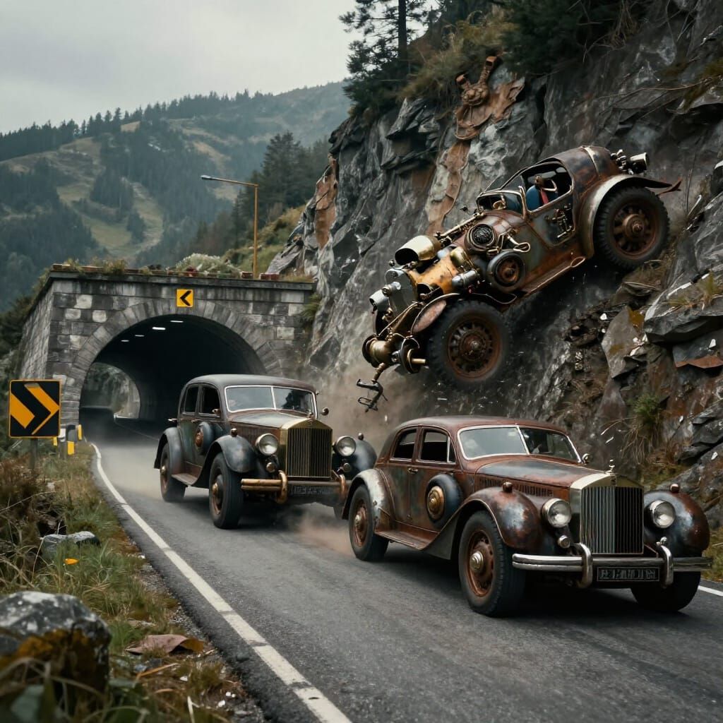 Steampunk Rolls Royce Crashes on Mountain Road