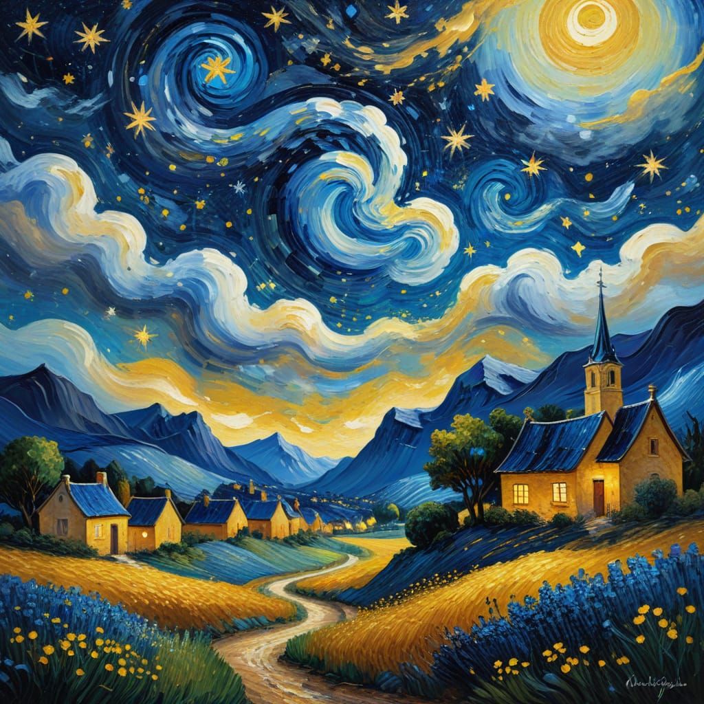 Village Under Starry Night Sky: a Post-Impressionist Paintin...