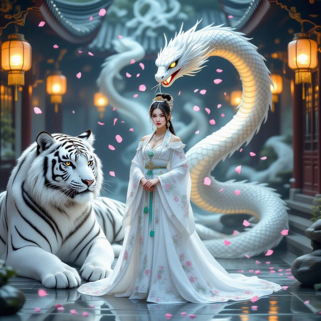 Chinese Princess with White Tiger in Dreamlike Lantern Garde...