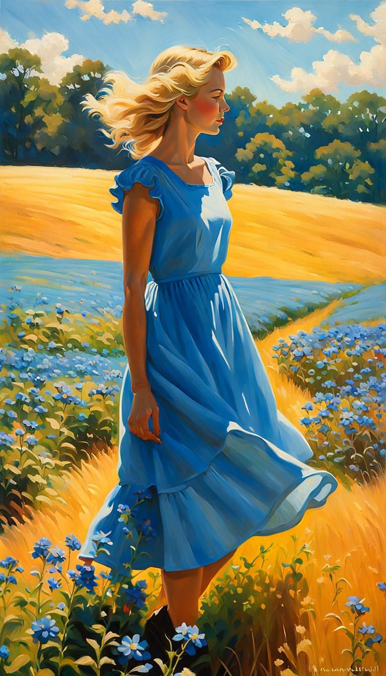 Nostalgic Woman in Blue Dress, Rockwell Style