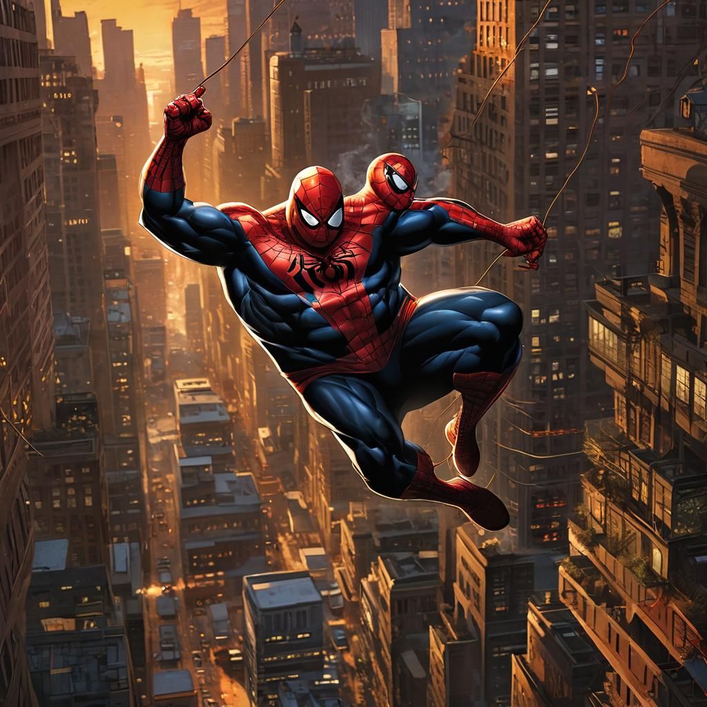 Fat Spiderman Swings Through City in Comic Book Art