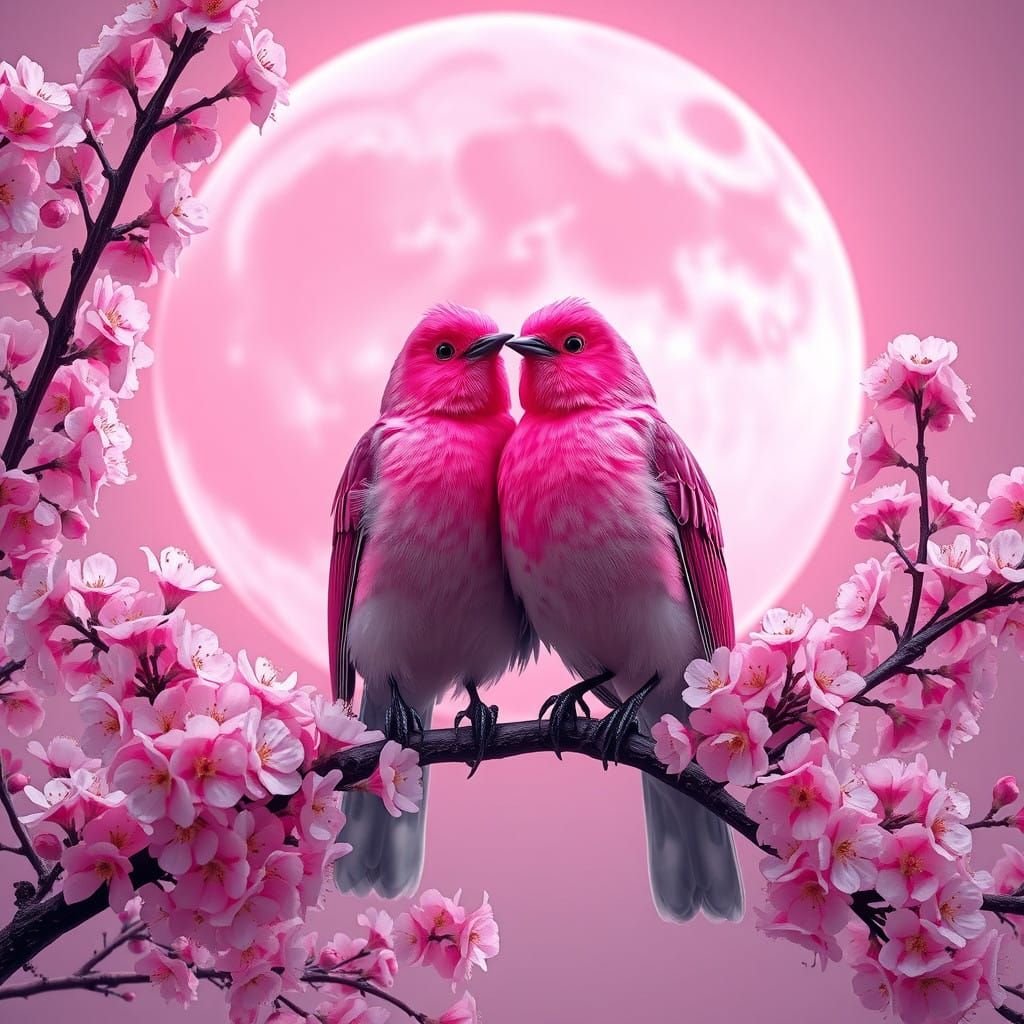Royal Pink Birds Amidst Pink Blossoms and Pink Moon