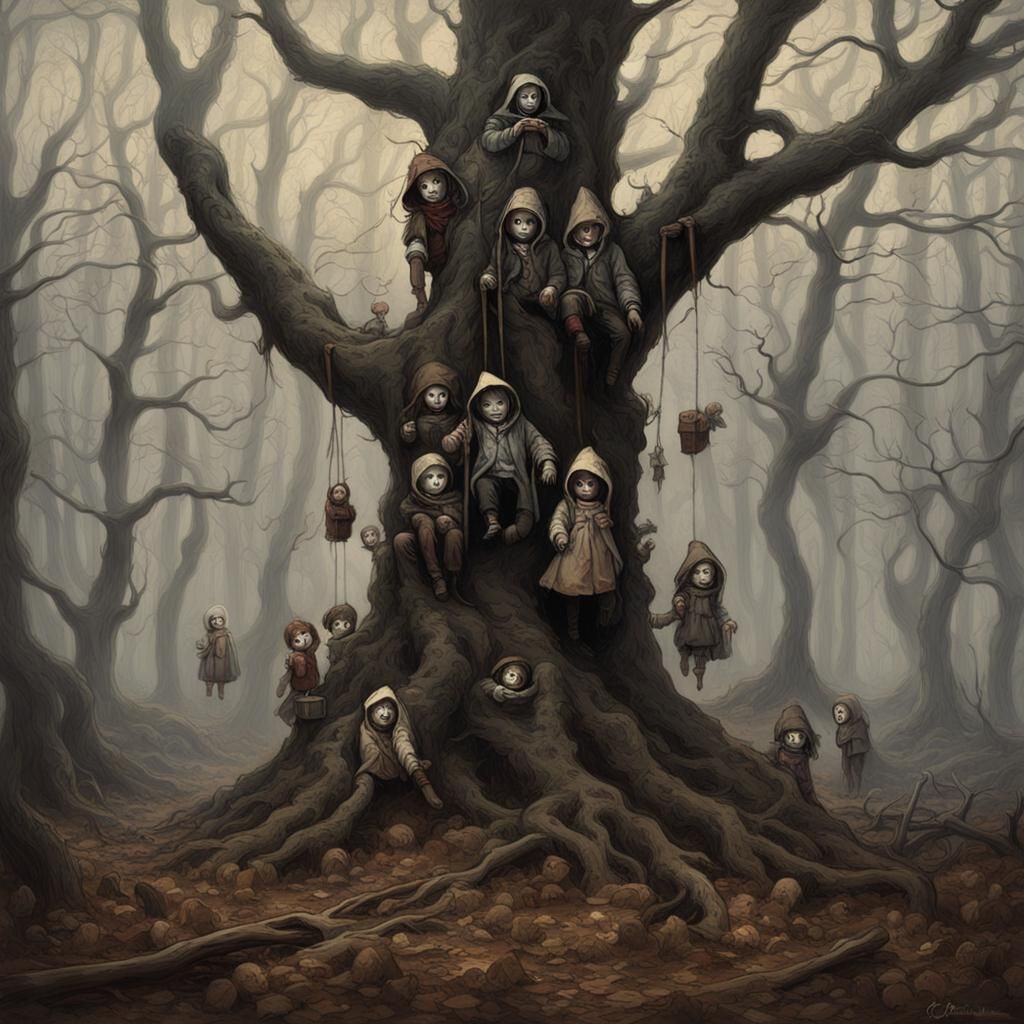 Eerie Abandoned Dolls in Gloomy Forest