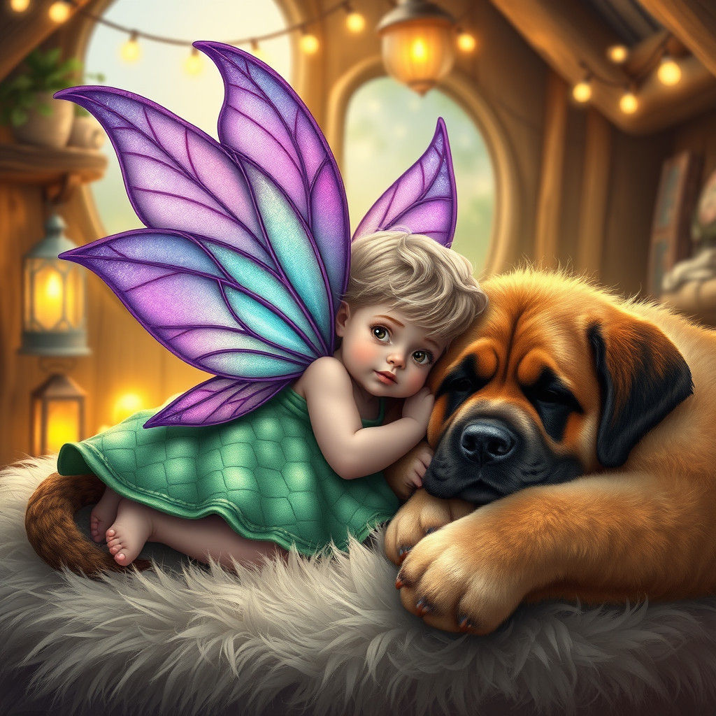 Baby Faerie with Saint Bernard in Cozy Cabin