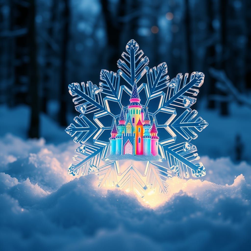 Glass Snowflake With Rainbow Castle in Misty Forest
