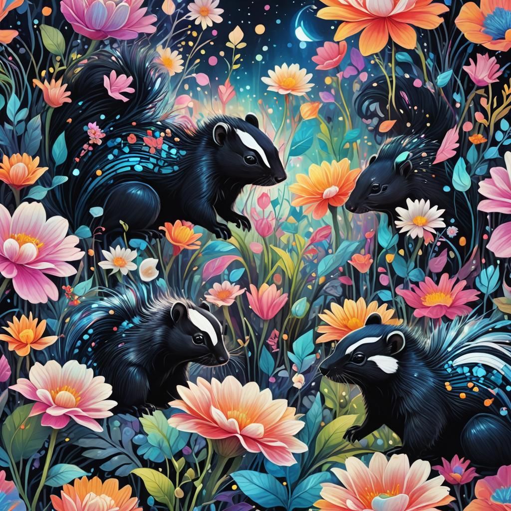 Cosmic Flowers and Skunks in Surreal Astral Illustration
