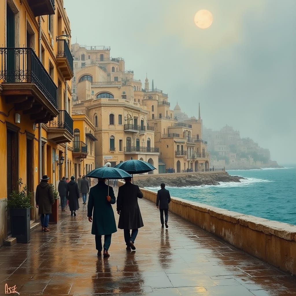 Misty Alexandria Cityscape with Rainy Streets and Stacked Ho...