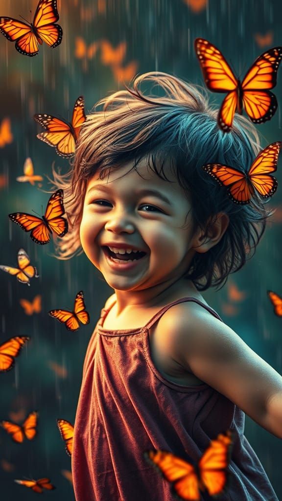 CRIANÇA DANÇANDO NA CHUVA COM BORBOLETAS