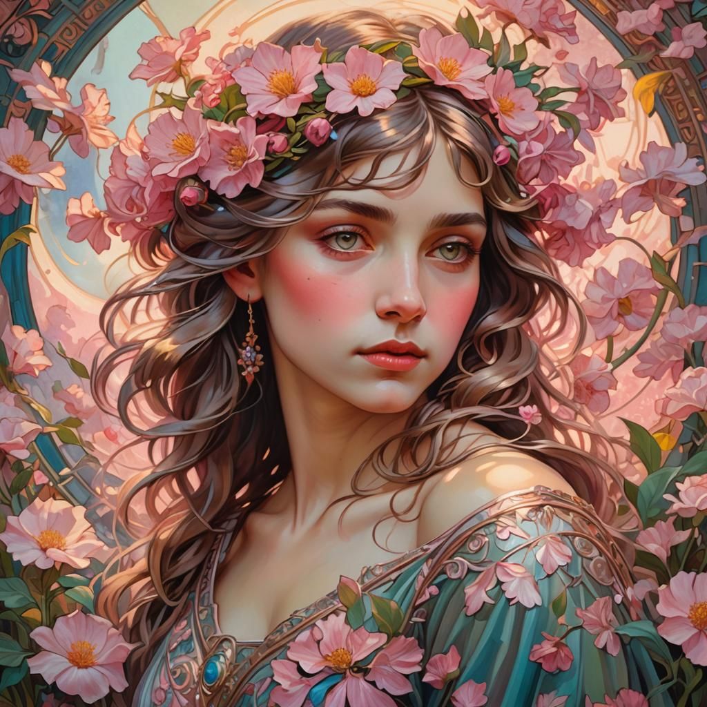 Woman in Pink Flowers: Art Nouveau Oil Painting