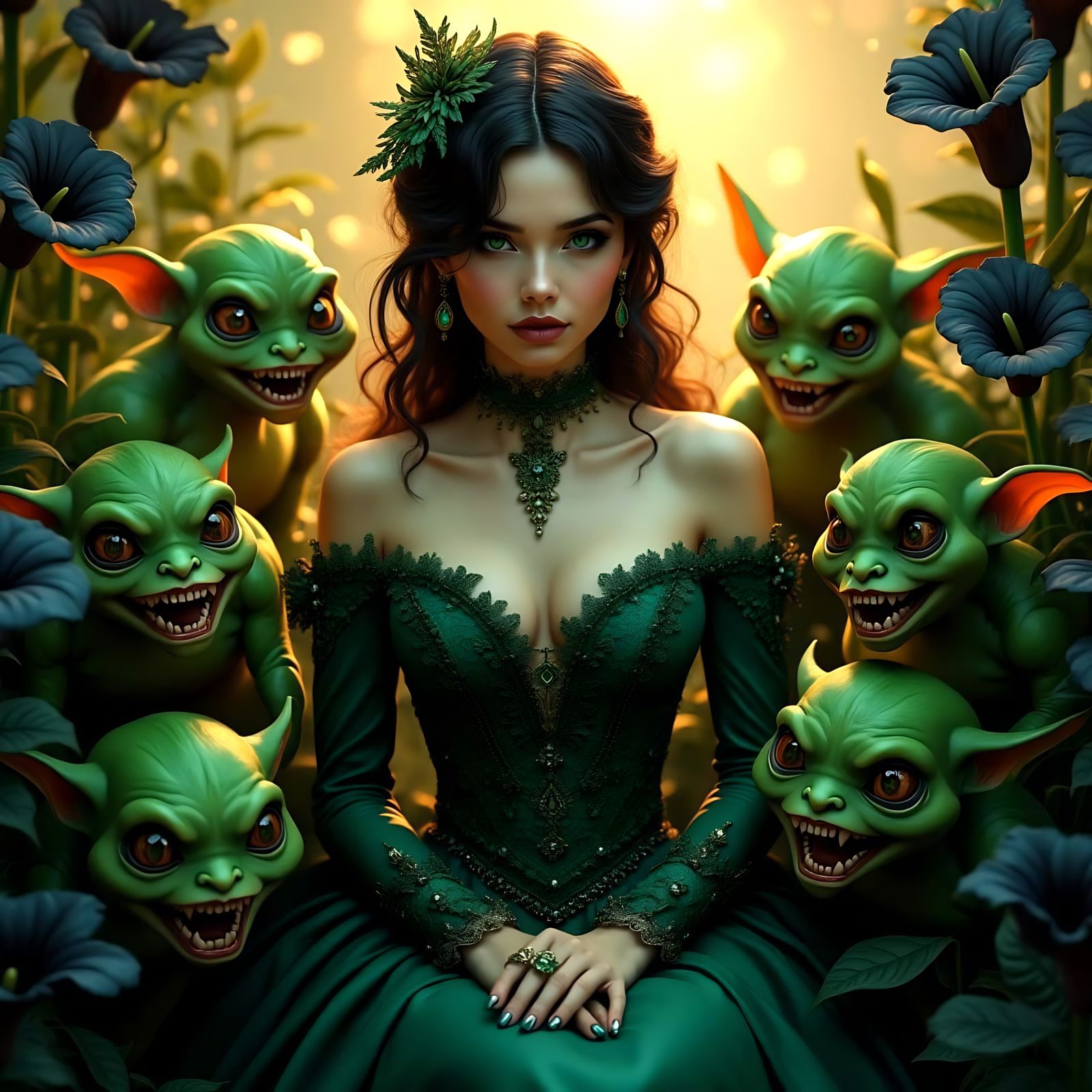 Ethereal Queen Surrounded by Mysterious Creatures in a Deep ...