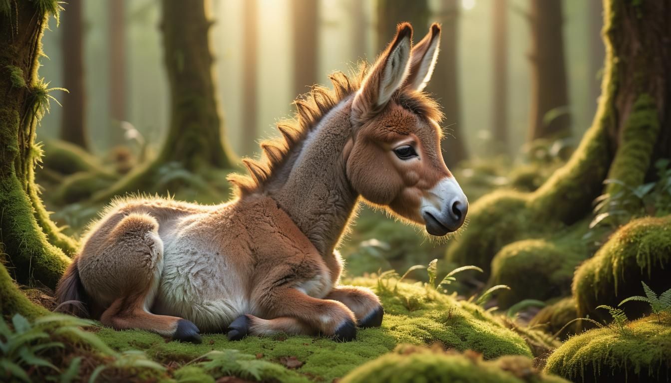 Glowing Chibi Donkey Foal in Dawn Forest
