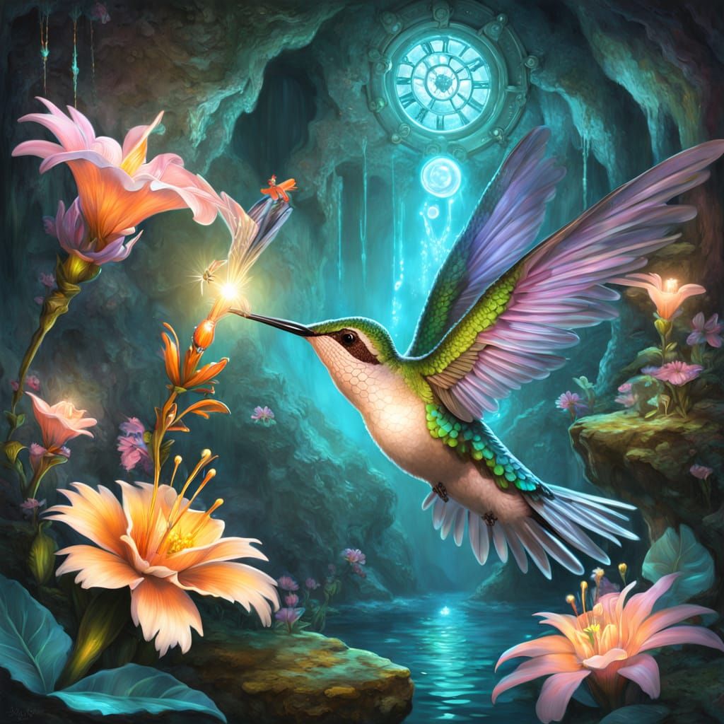 Clockwork Hummingbird in Whimsical Grotto Scene