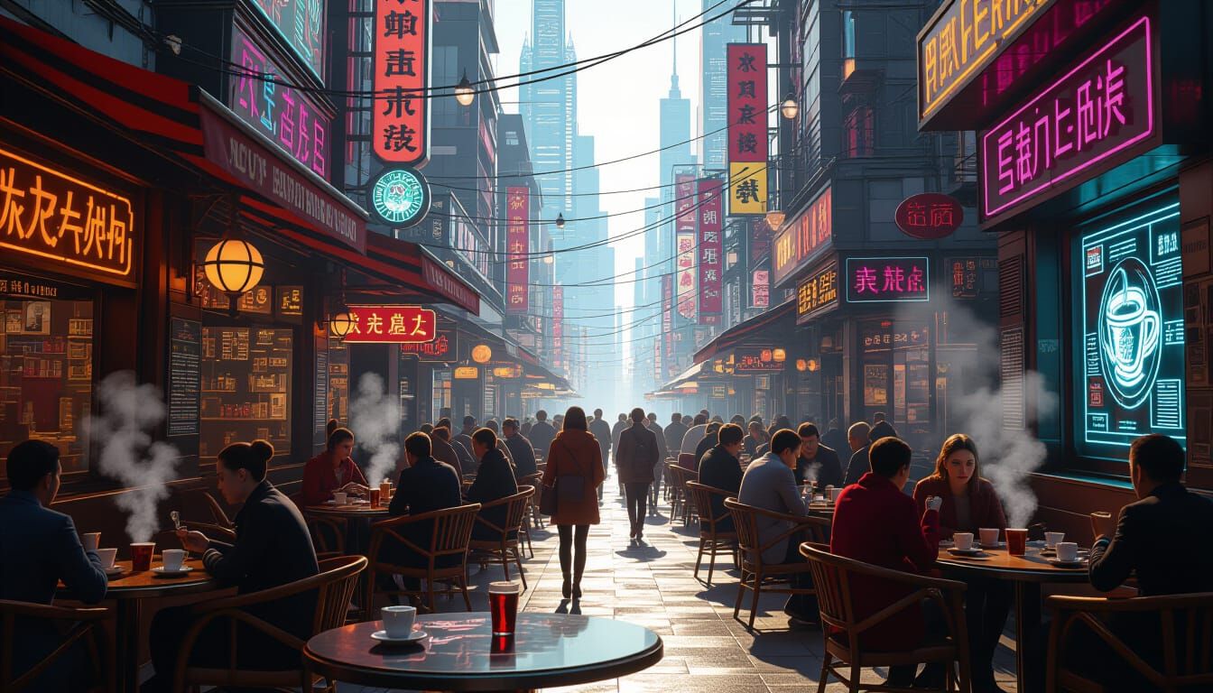 Futuristic City Cafe With Neon Glow