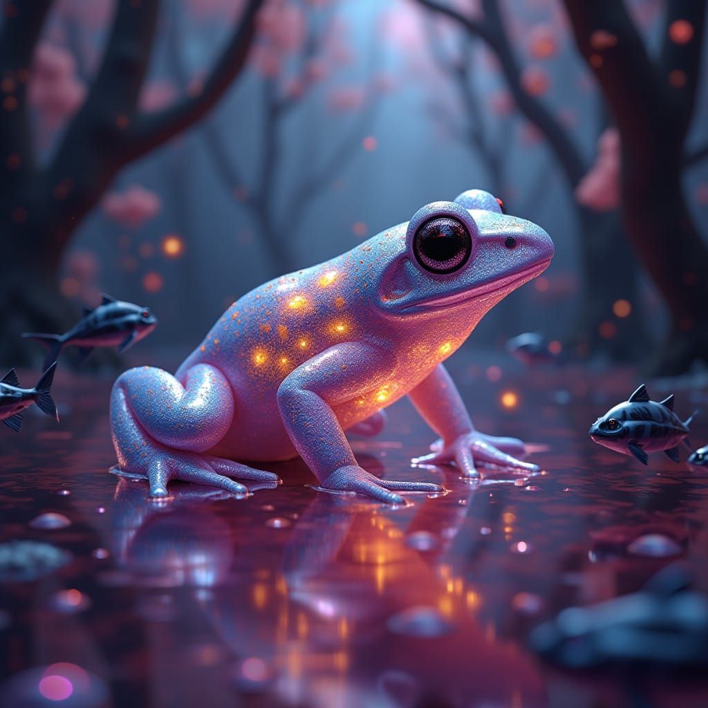 Ethereal Frog in Dreamlike, Iridescent World