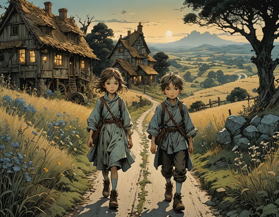 Charming Siblings' Journey at Dusk: Golden Age Illustration