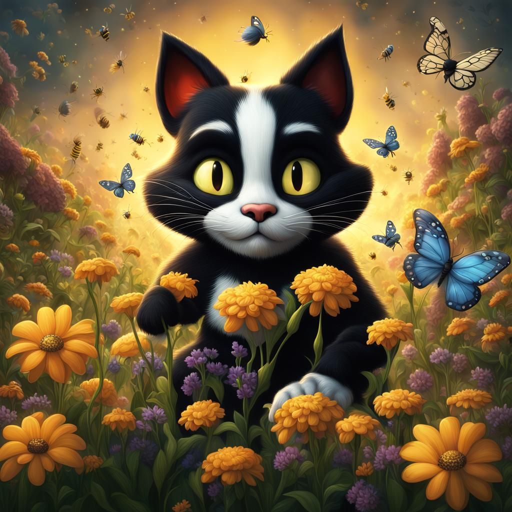 Felix the Cat in a Spring Cartoon Landscape