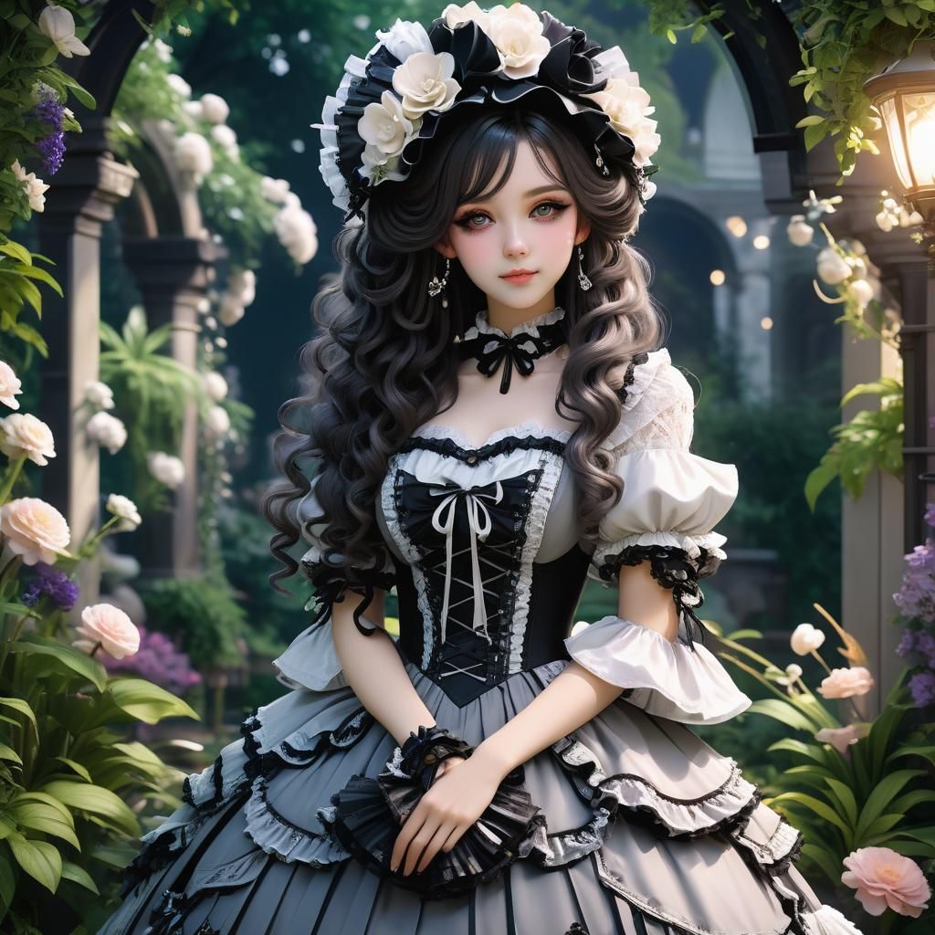 pretty young woman in a fantasy garden wearing a voluminous ...