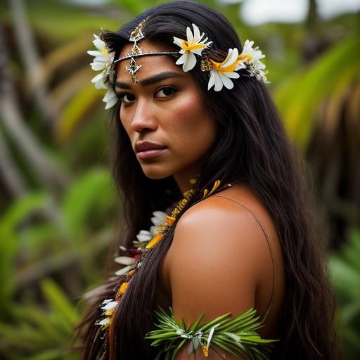 Polynesian Woman Portrait with Floral Adornments