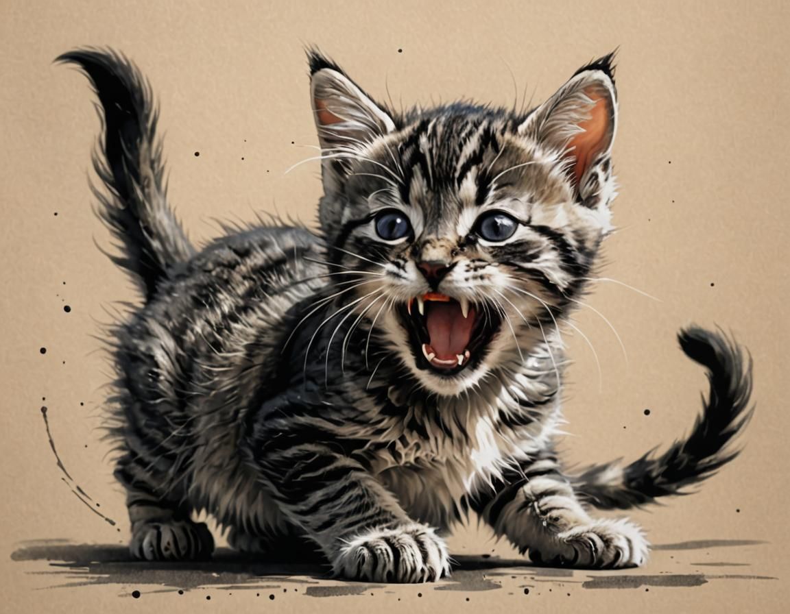 Yawning Kitten in Modern Ink Action Painting