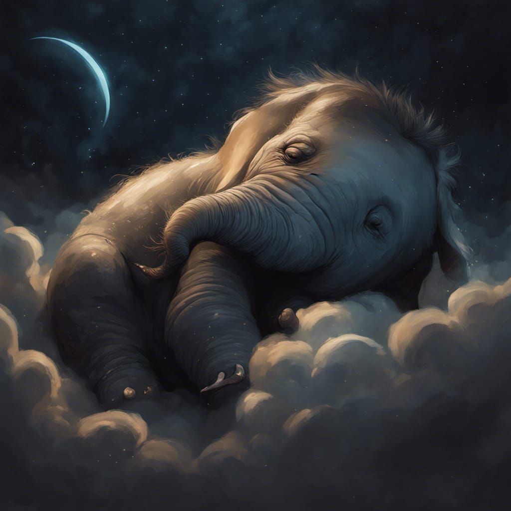 Blue Elephant Asleep on Cloud, Hyperdetailed Concept Art