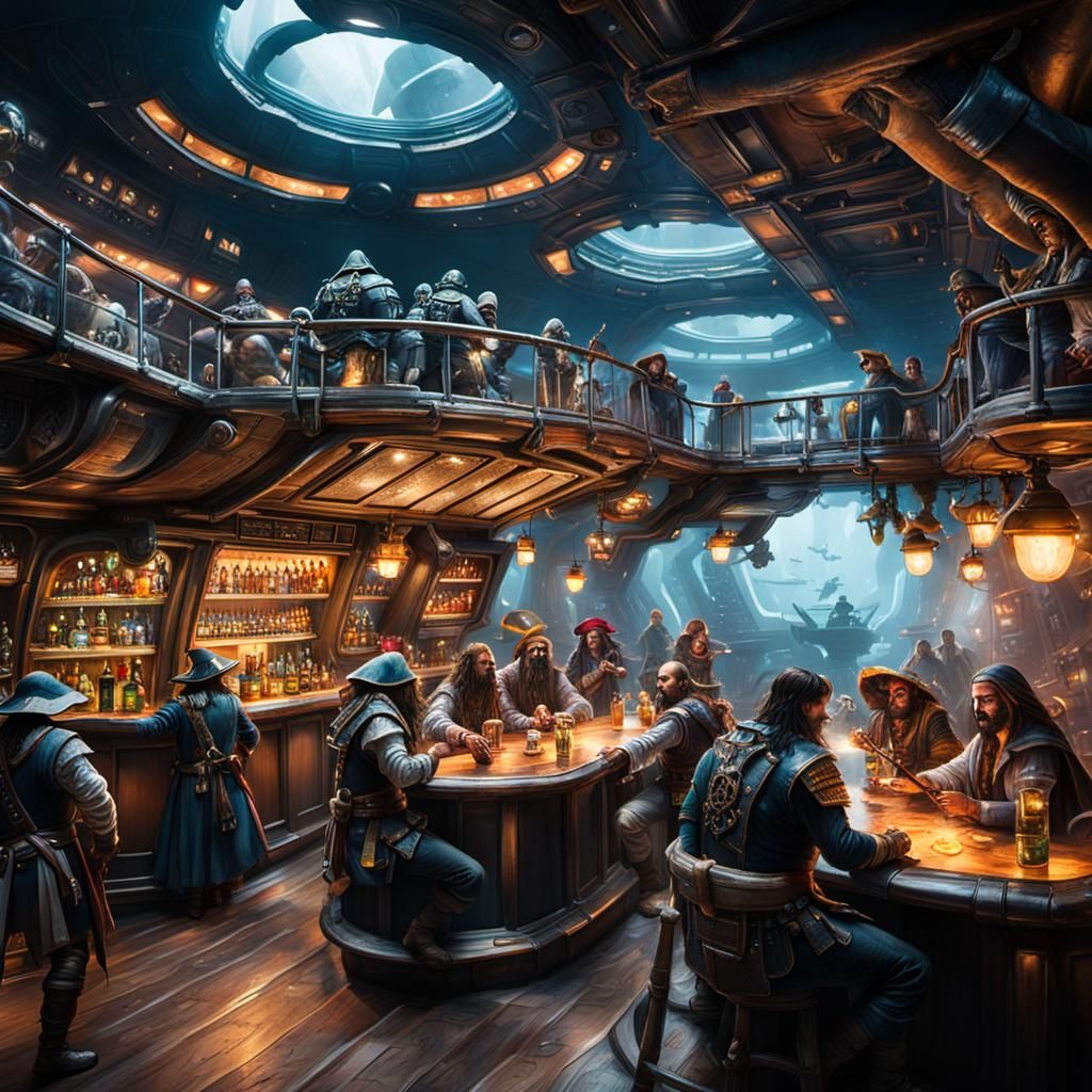 Smoky Spaceship Bar Scene with Pirates and Bounty Hunters
