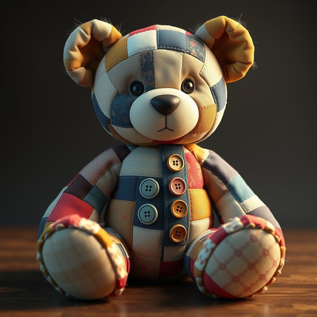 Vibrant Patchwork Teddy Bear with Vintage Aesthetic
