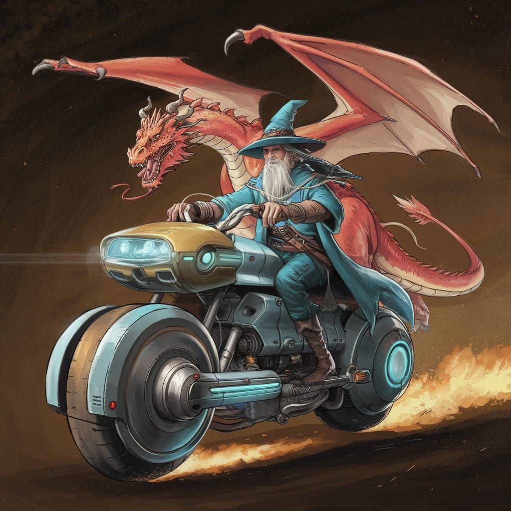 Wizard Rides Futuristic Motorcycle with Dragon