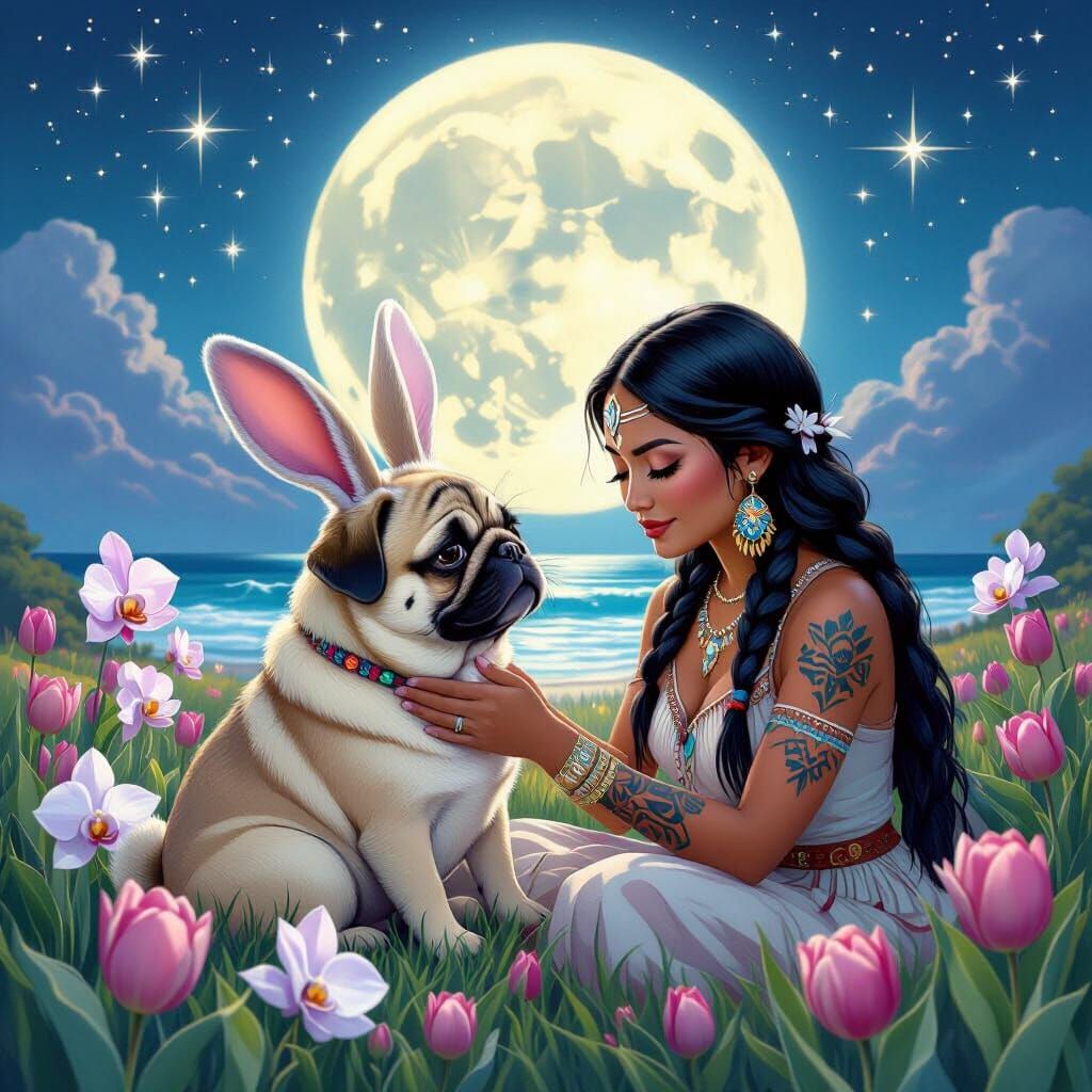 Native American Woman Petting Pug Bunny Hybrid Under Full Mo...
