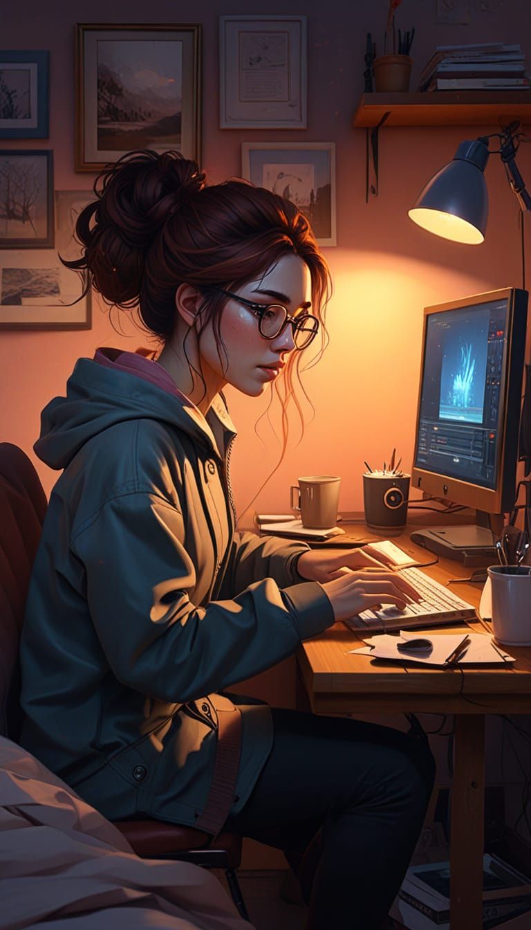 Woman Gaming in Cozy Room: Digital Painting