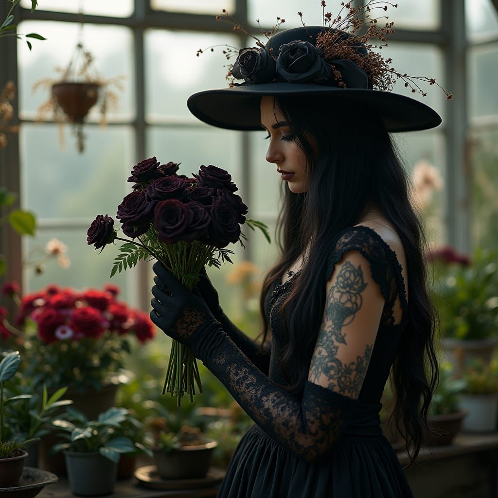 Goth Florist Arranging Black Roses in Greenhouse