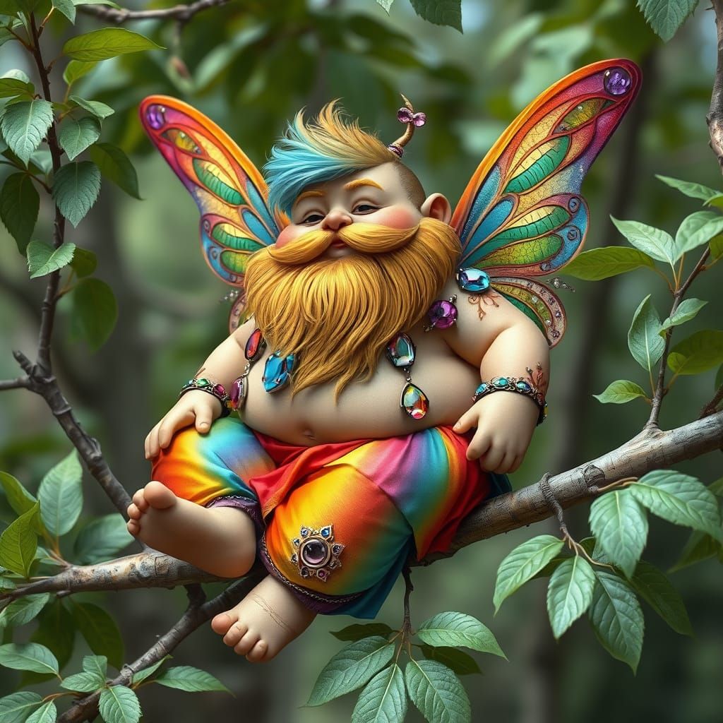 Rainbow Fairy on Aspen Branch, Hyperrealistic Digital Art