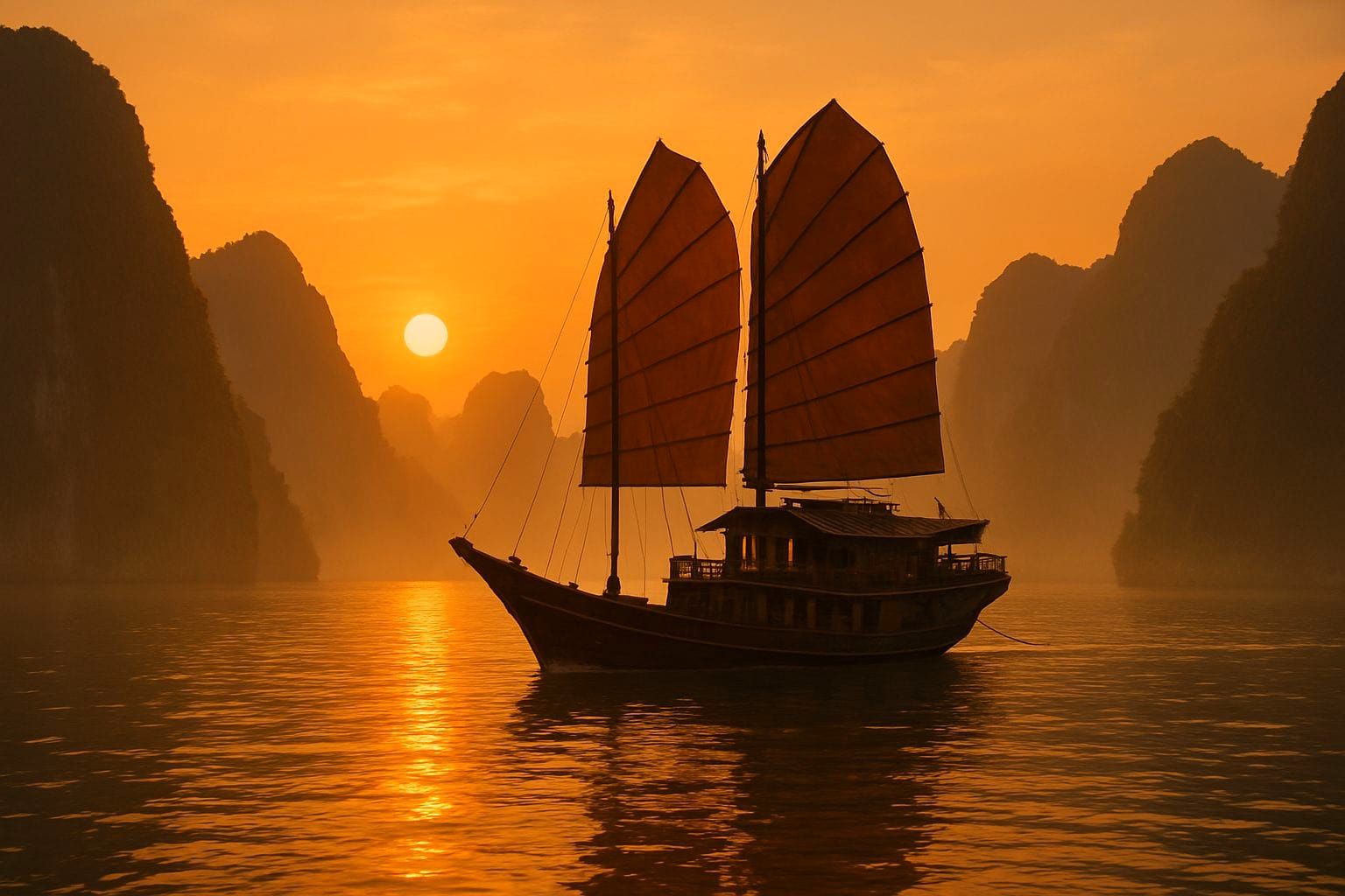 Vietnamese Sailing Boat at Sunrise in Ha Long Bay