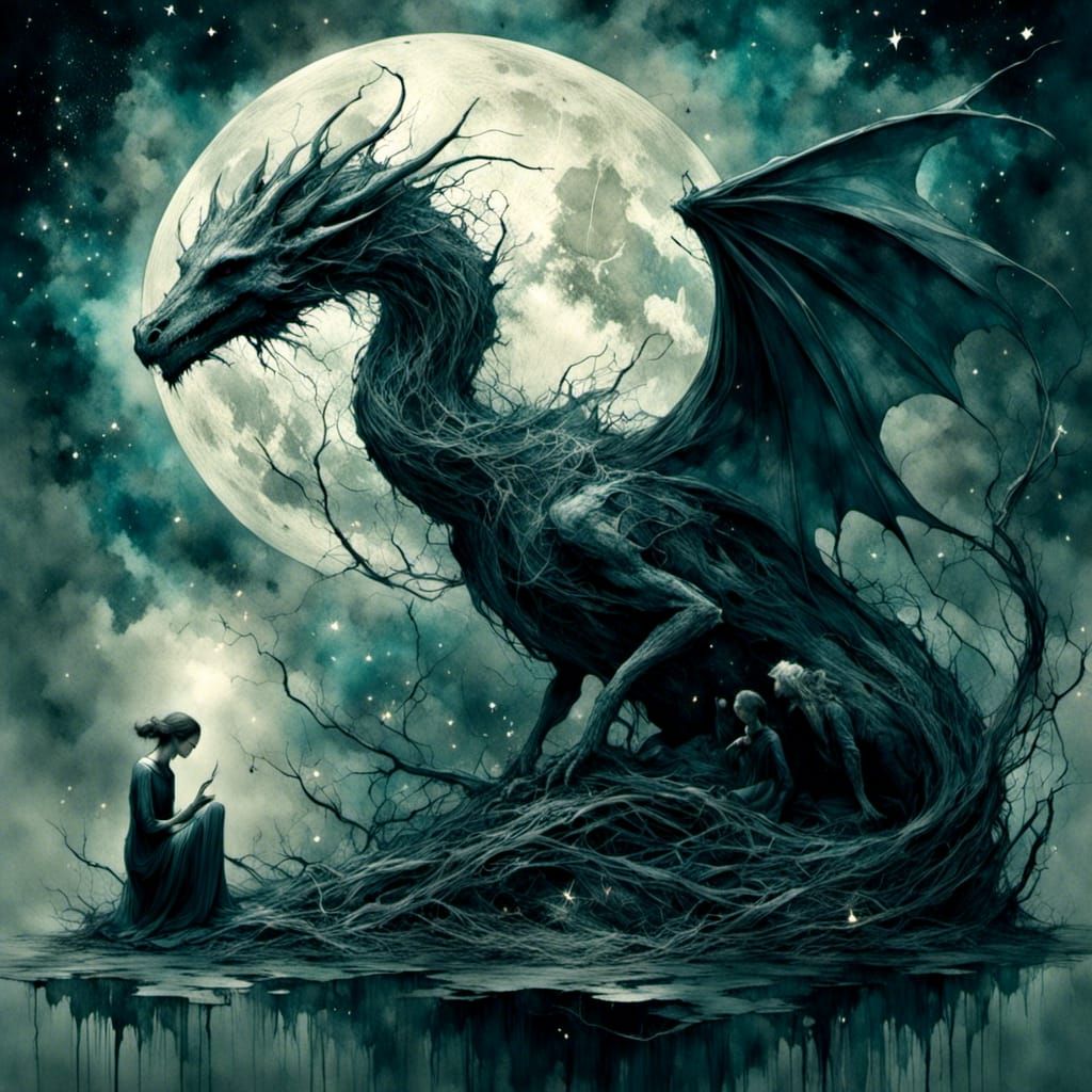 Ethereal Cosmic Dragons Feast on Stars in Dark Fantasy