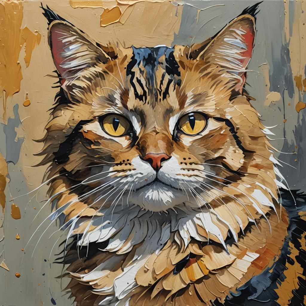 Regal Cat Portrait in Impressionist Gouache Style