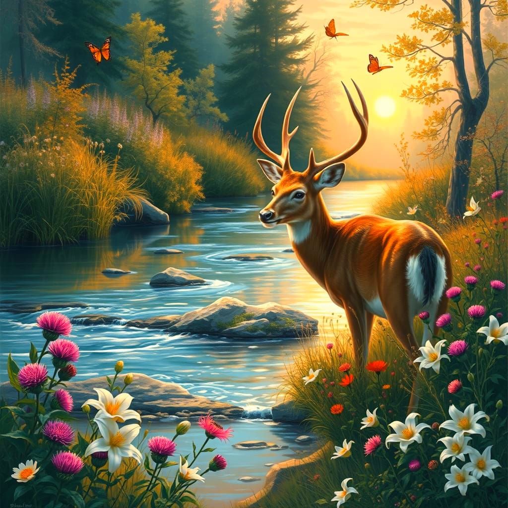 Deer at Brook in Painterly Style