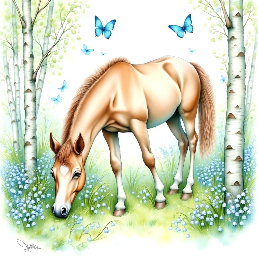 Foal Grazing in Birch Forest with Lily of the Valley