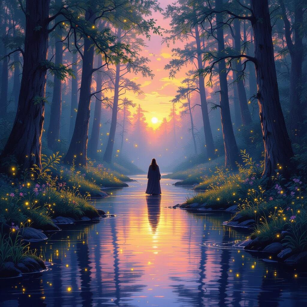Magical Twilight Forest River Scene with Solitary Figure