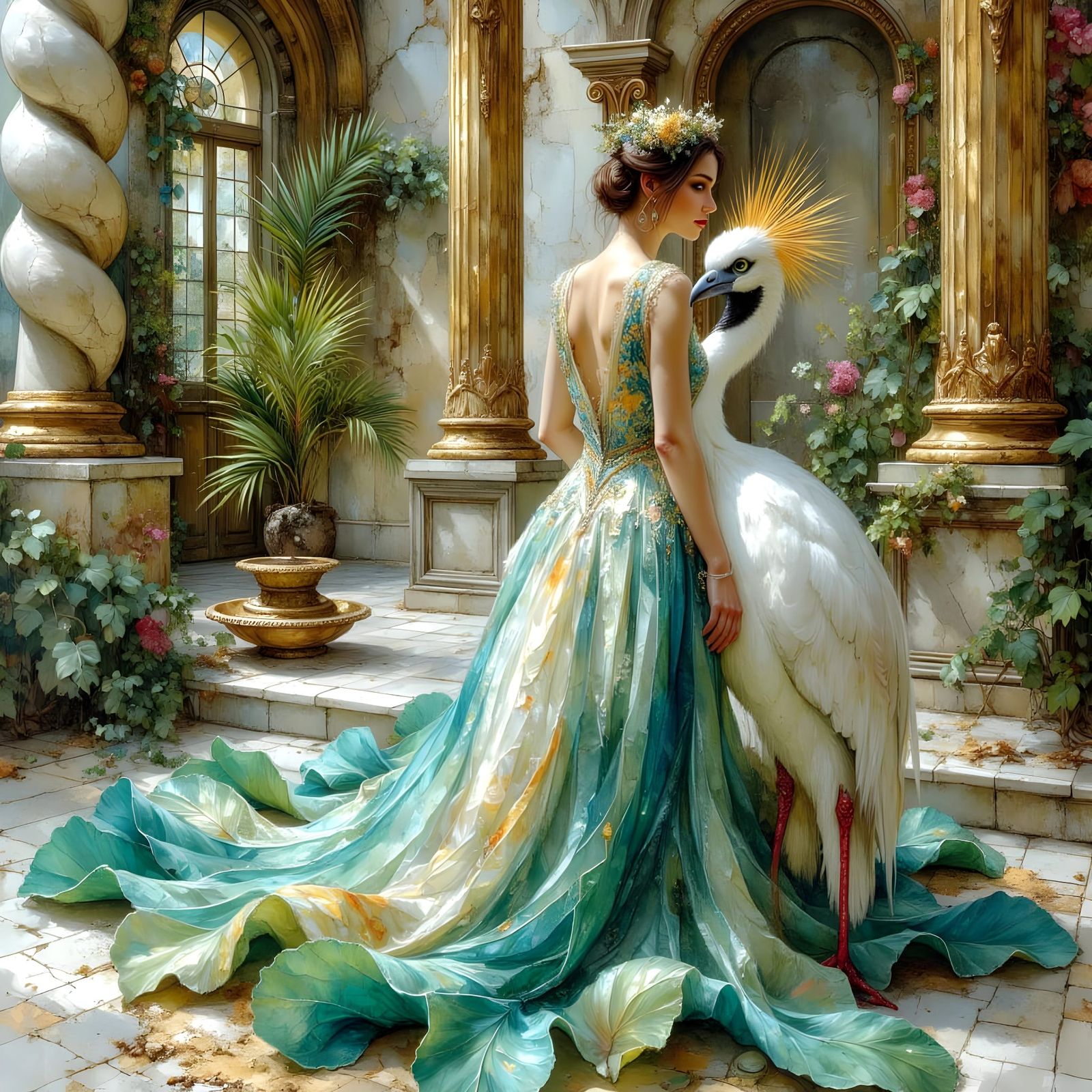 Ornate Ballroom Scene with Woman and Teal Bird