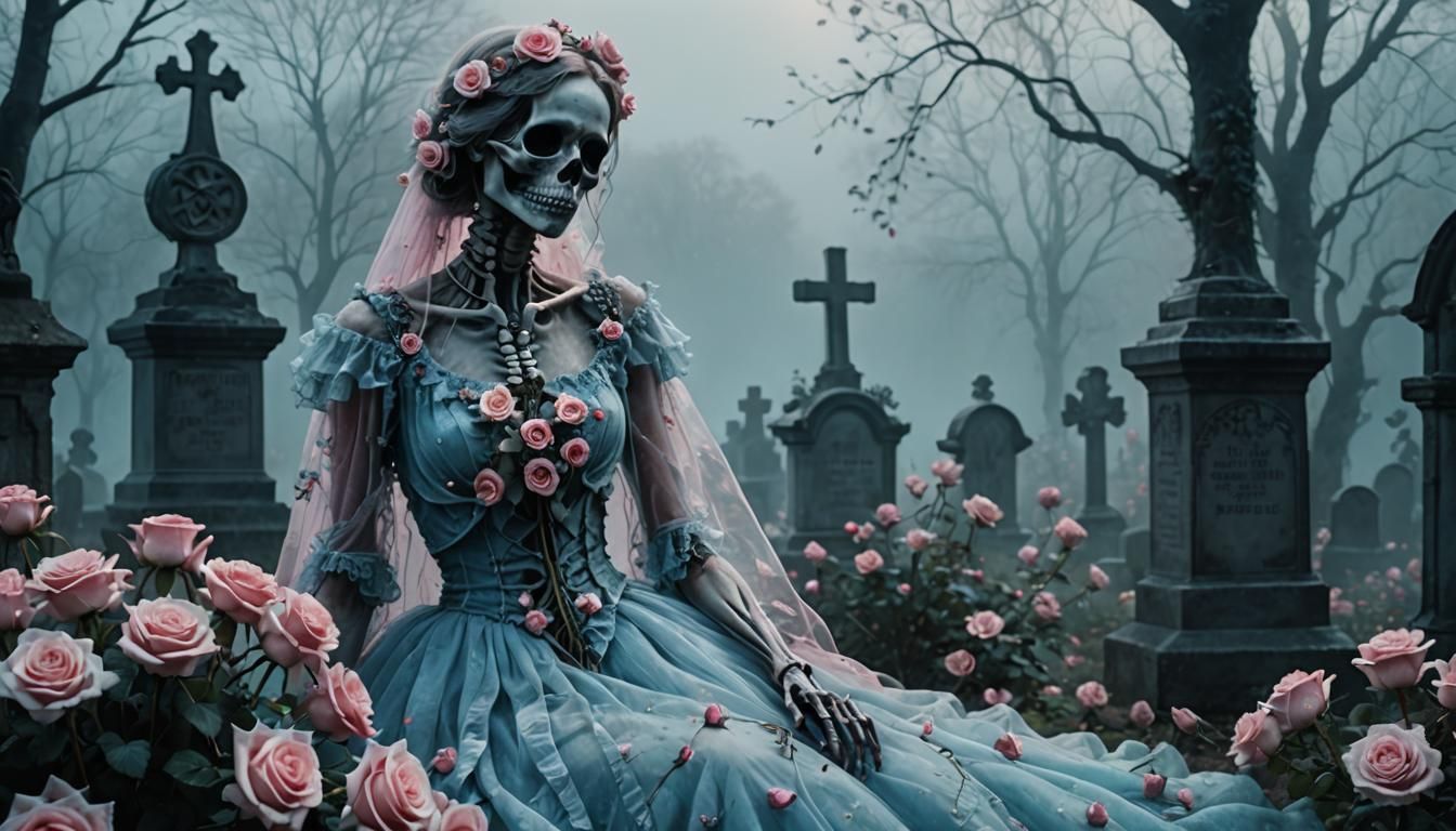 Weeping Skeleton with Roses in Ethereal Fantasy Style