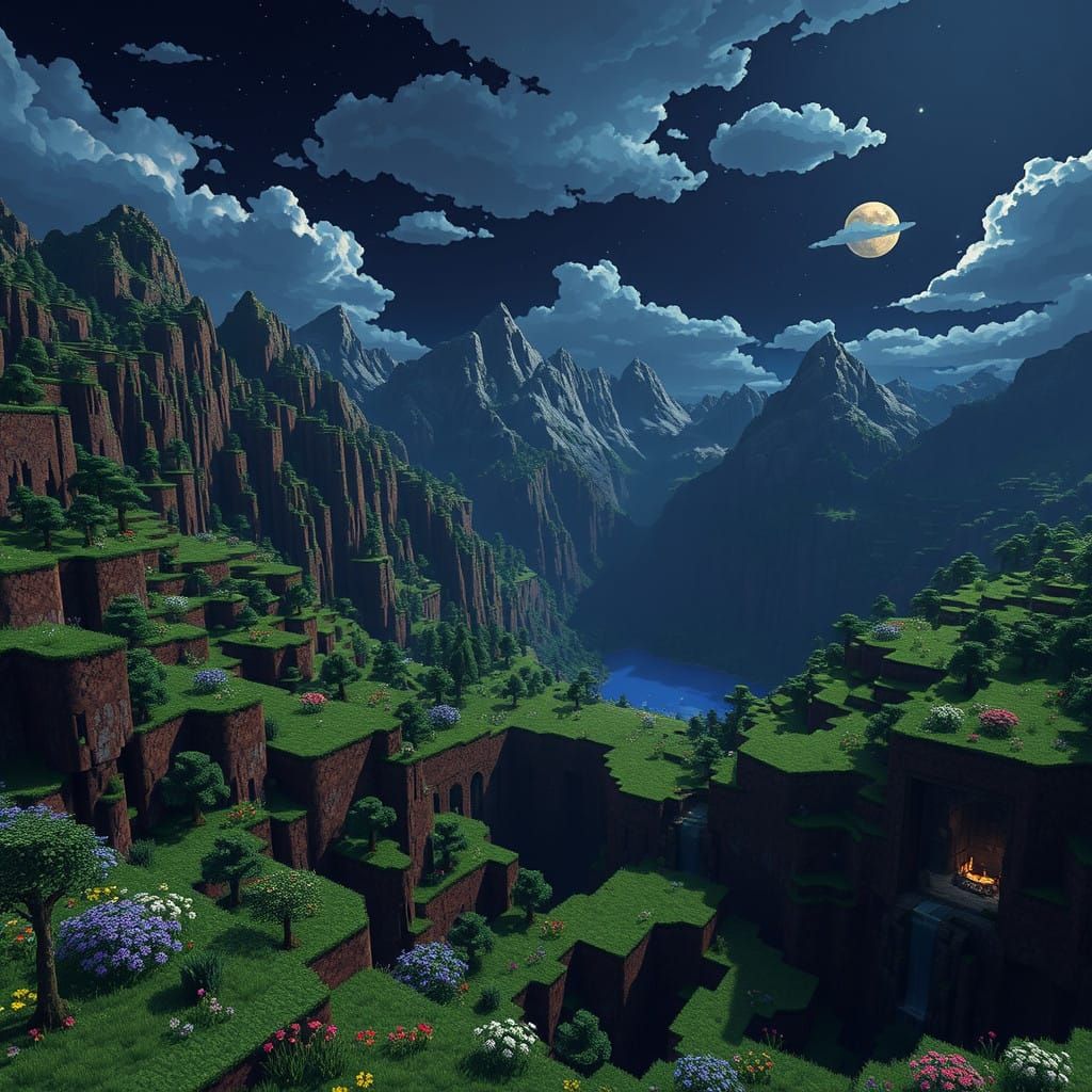 Minecraft Nighttime Landscape in Pixelated Style