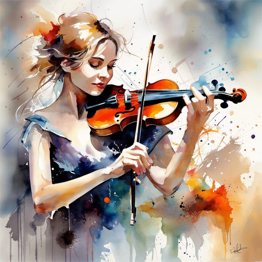 Joyful Violinist in Watercolor Splash Art