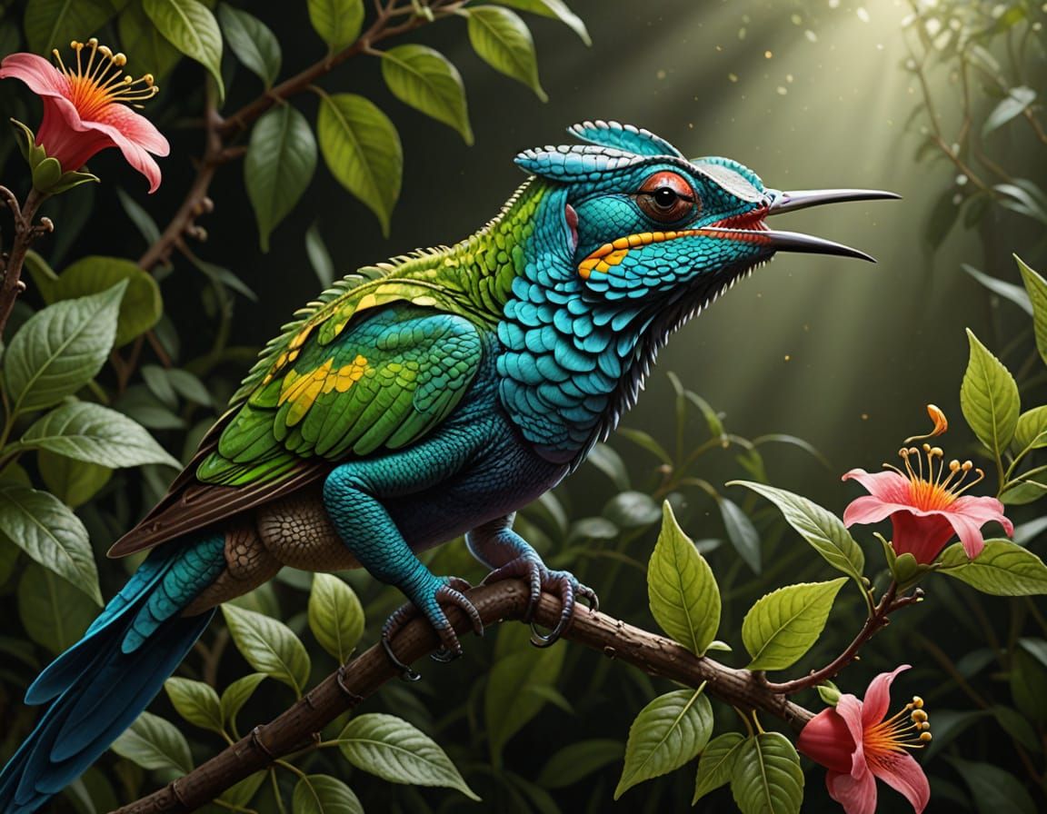 Photorealistic Chameleon-Hummingbird Hybrid in Dynamic Light...
