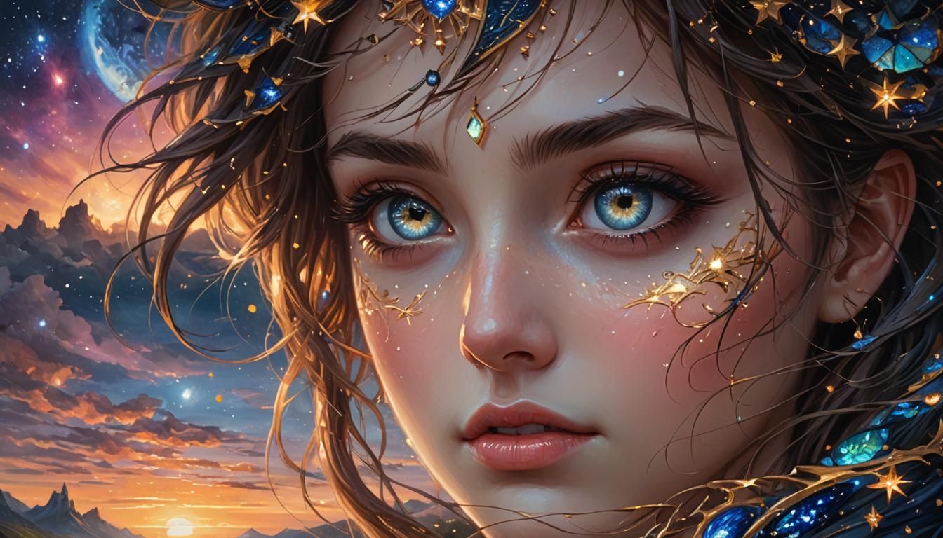 Gorgeous Eyes Reflecting Fantasy Landscape Oil Painting