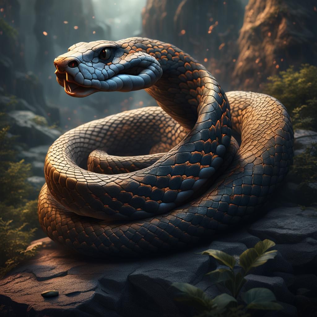 Cobra Coiled Around Stone, Detailed Matte Painting