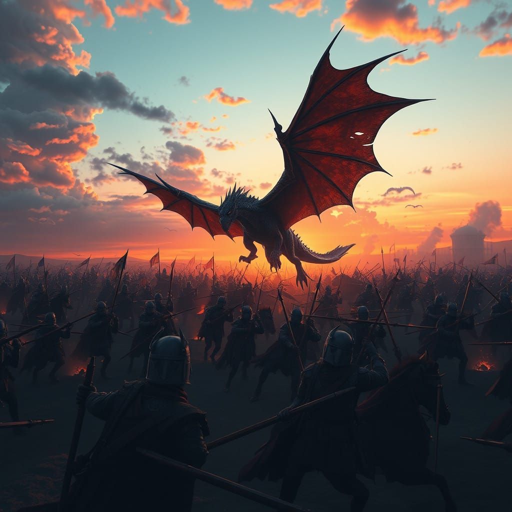 Dragon Descends Upon Fantastical Battlefield at Dusk