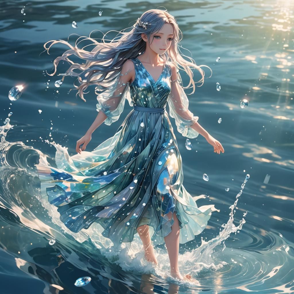 Magical Anime Girl Walking on Water in 3D Art
