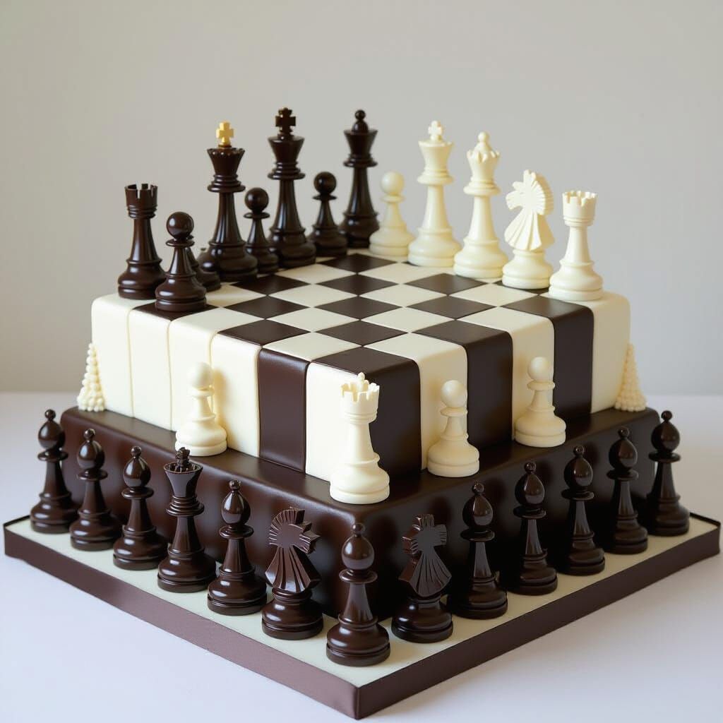 Opulent Chessboard Cake with Sculpted Pieces