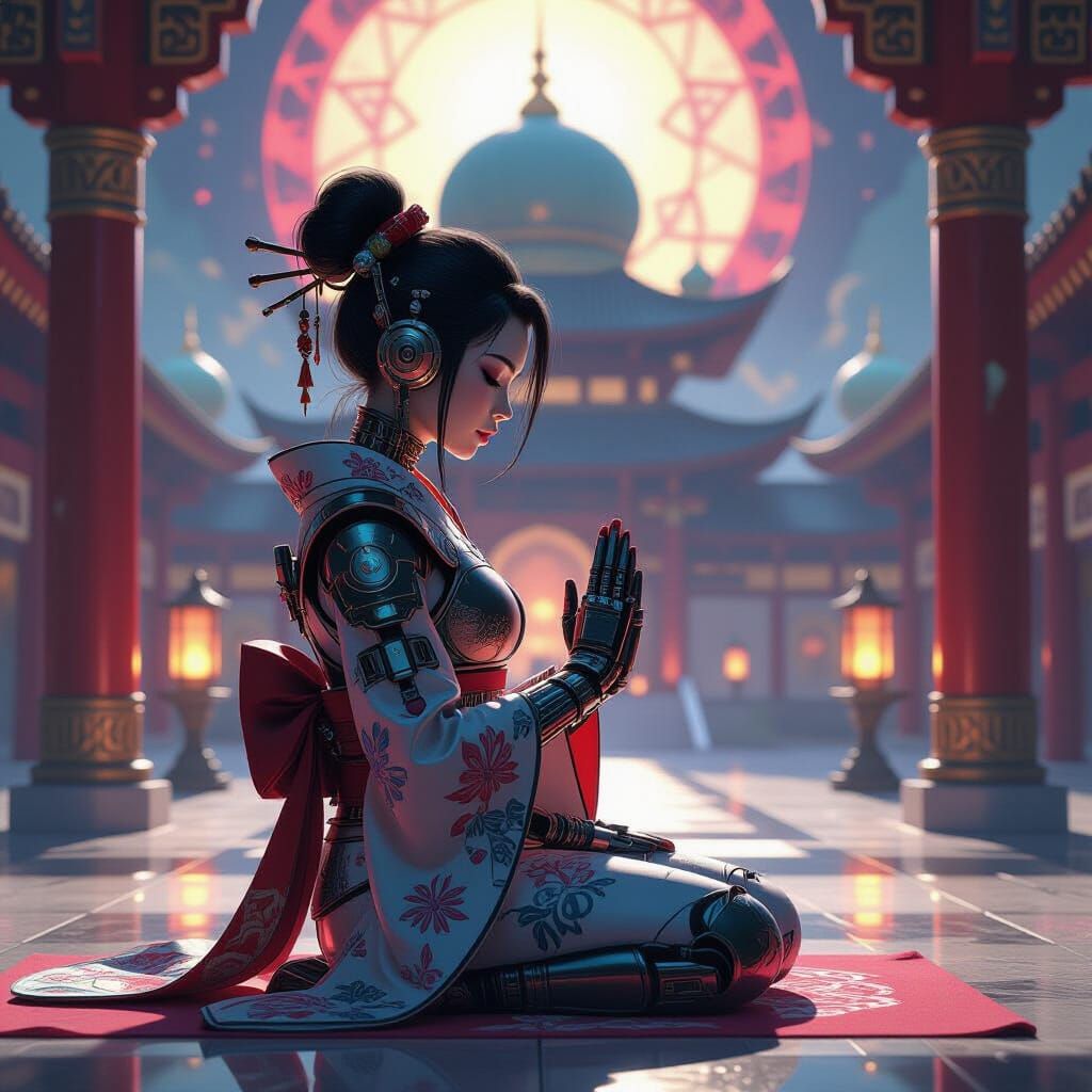 Cyborg Samurai Meditating in Psychedelic Temple