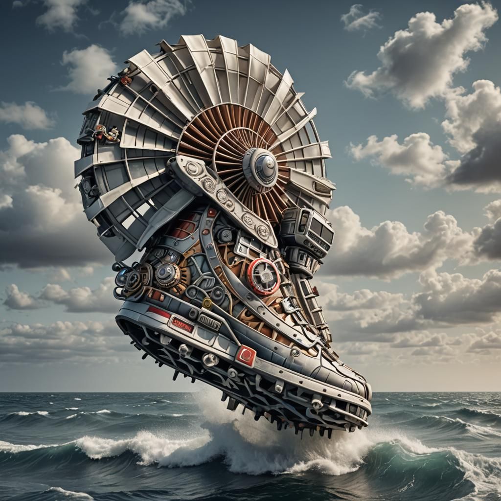 Giant Motorized Sneaker Sails the Ocean: Hyperrealistic Imag...