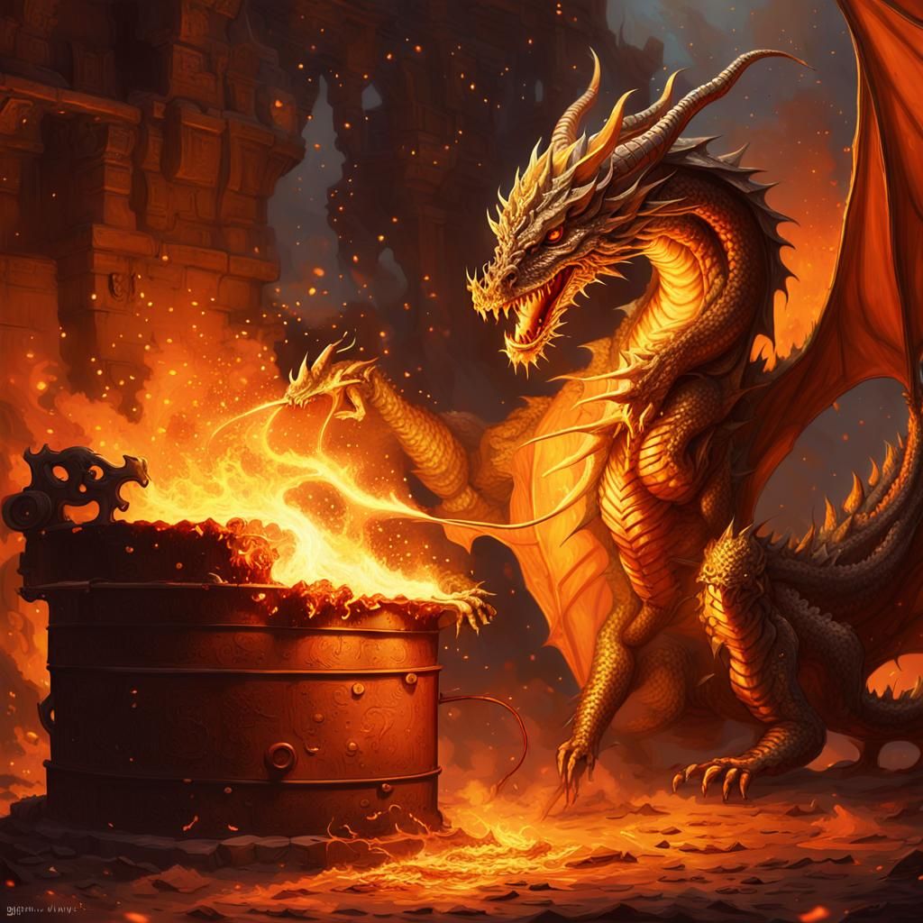 Fantasy Art: Woman Casting Dragon in Foundry